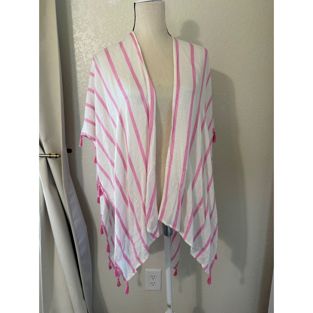 Pink White Striped Tassel Beach Coverup Kimono One Size Open Front Snag